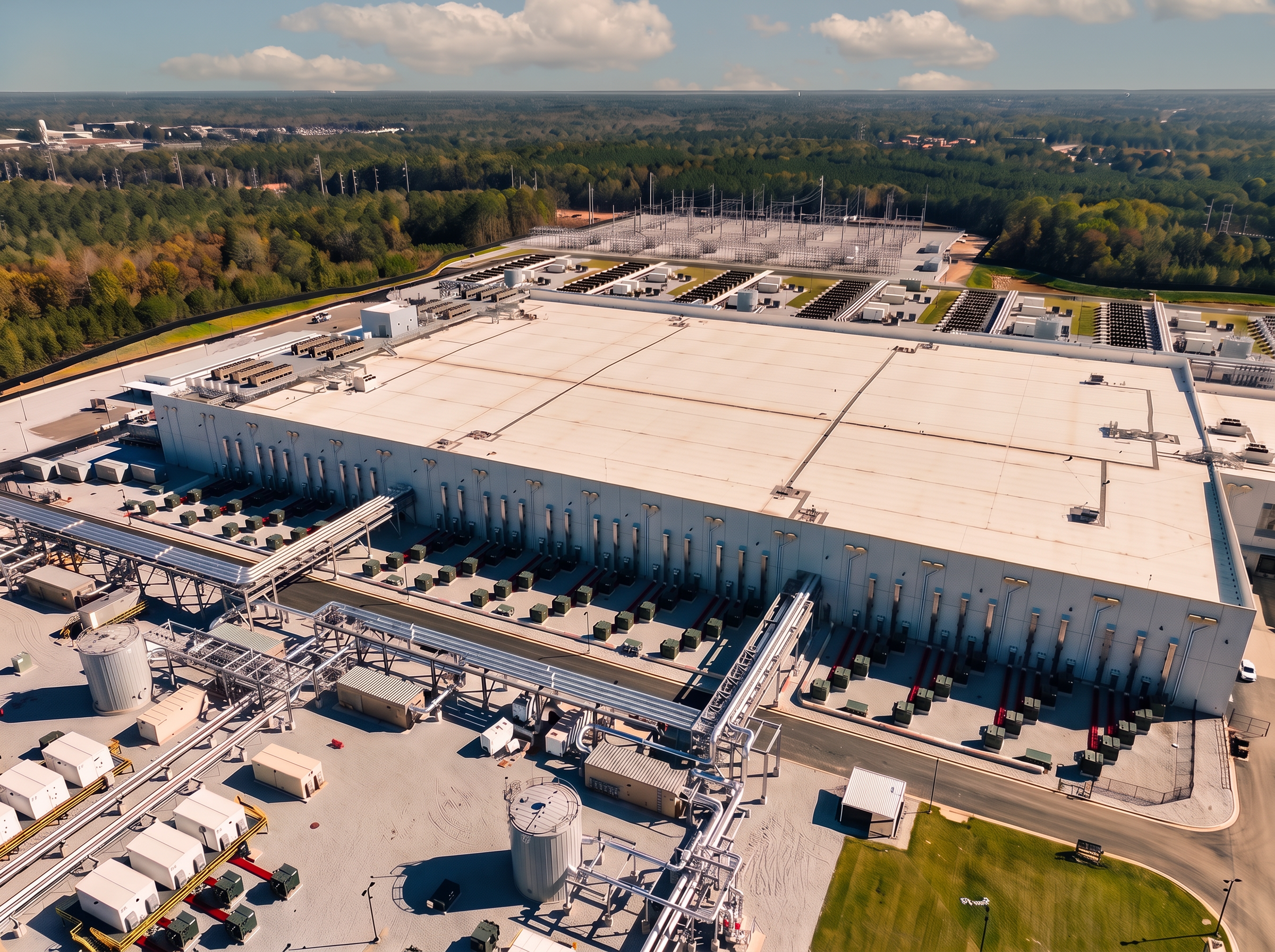 Data center campus set within industrial and electrical infrastructure